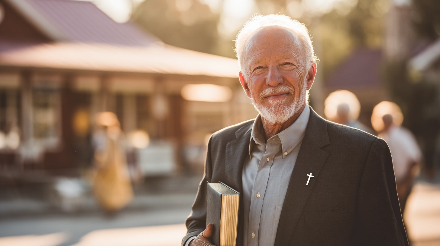 A dignified retired Christian businessman in his late 70s, standing confidently in a sunlit community square, warmly greeting neighbors, wearing a tailored suit with an open-collar shirt, Bible in one hand, the other extended in a welcoming gesture, subtle cross pin on lapel, kind but determined expression, background of a small-town church and local shops, early morning golden light